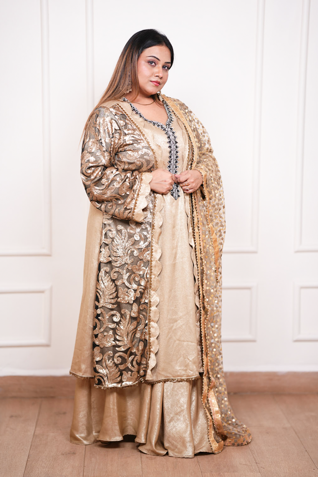 Zivara  Gold Shimmer Sharara Ensemble